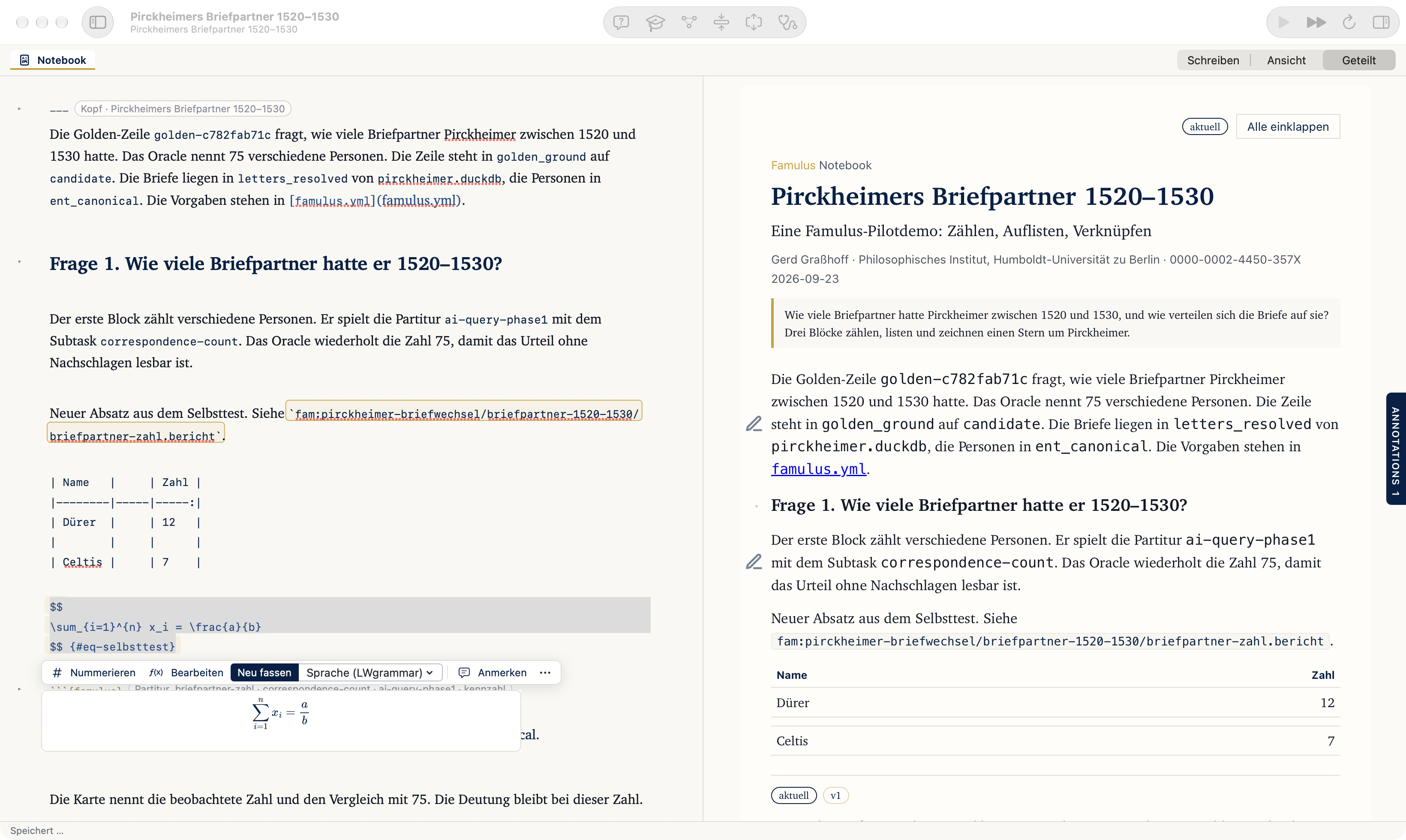 Eine gewählte Formel mit ihrem Satzbild; darüber eine Tabelle in fester Schrift.