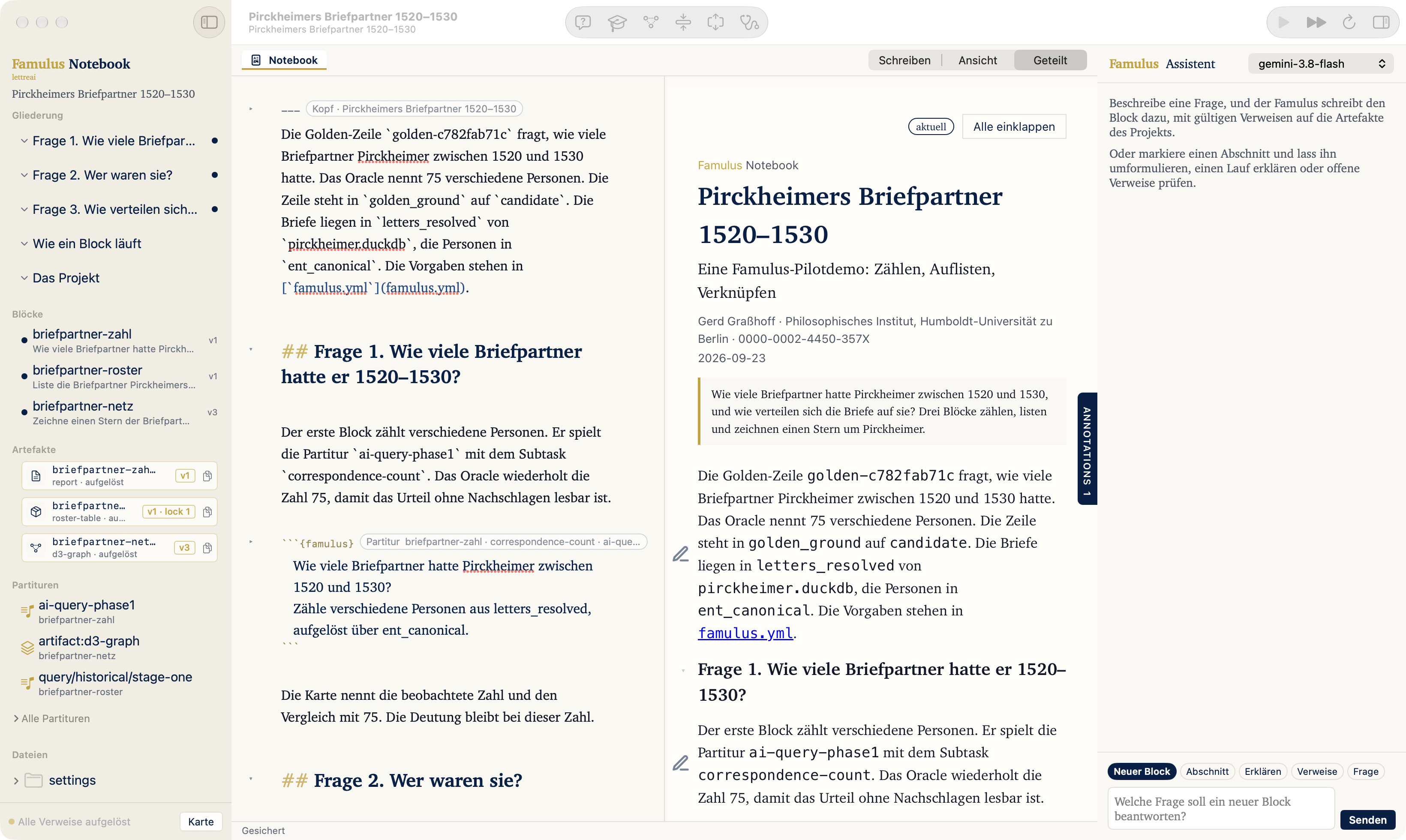 Ein geöffnetes Projekt: Gliederung, Blöcke, Artefakte und Partituren links; Quelltext und gesetzte Seite in der Mitte; der Assistent rechts.