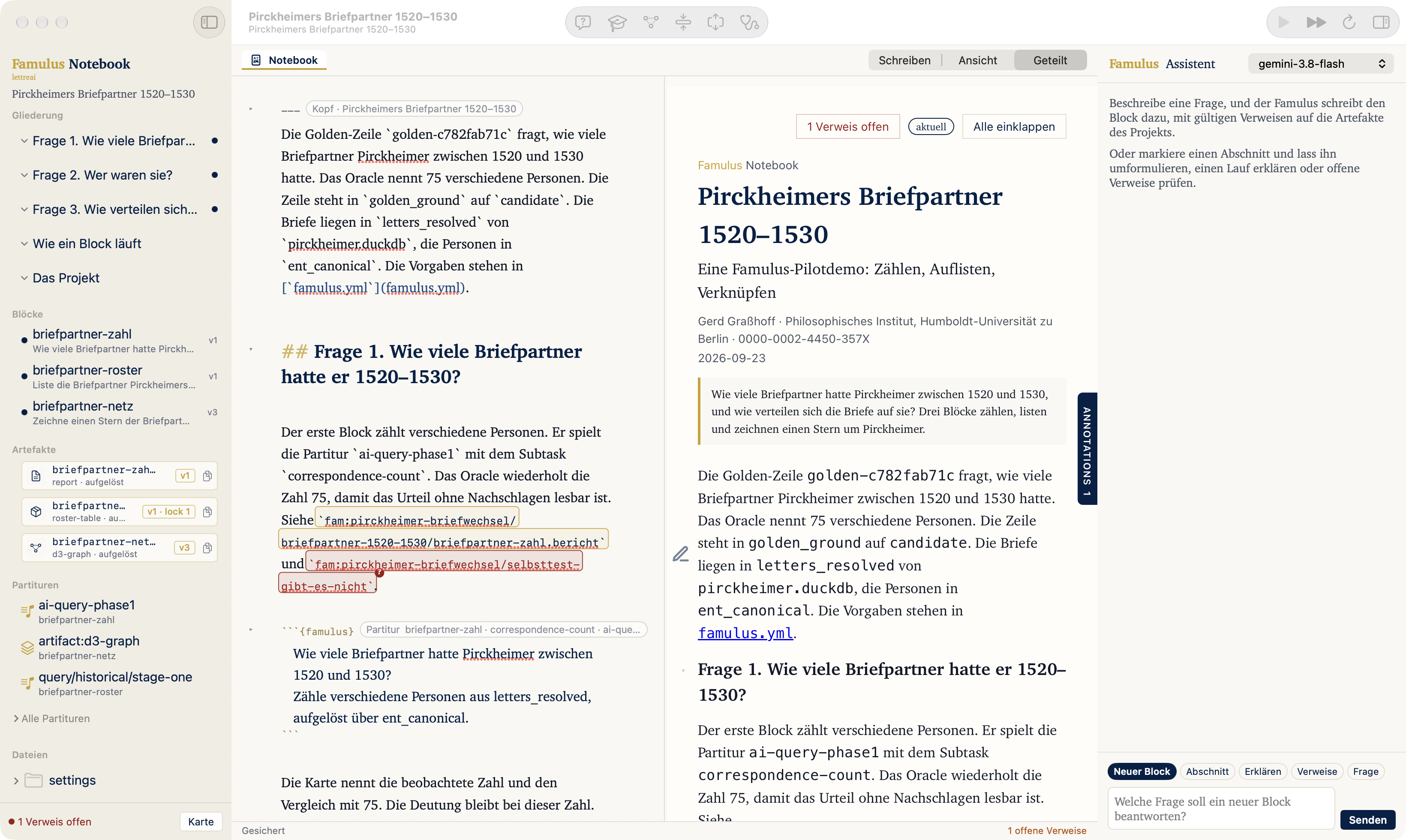 Ein aufgelöster und ein nicht auflösbarer Verweis im Text.