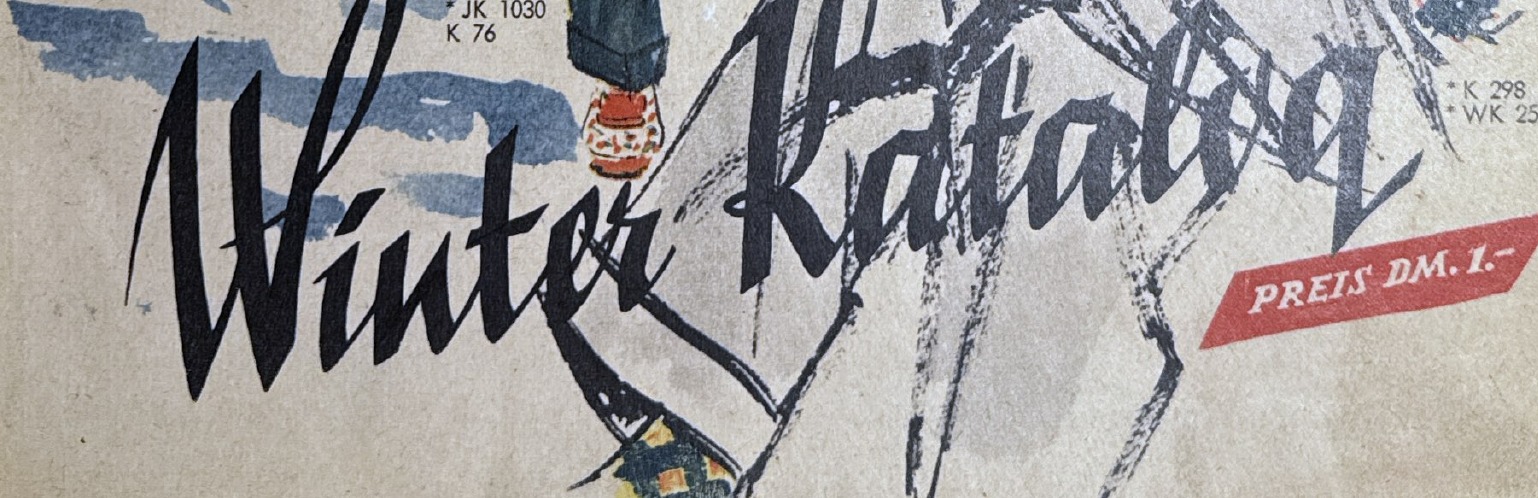 Detail of Winter Katalog script and PREIS DM 1.— box