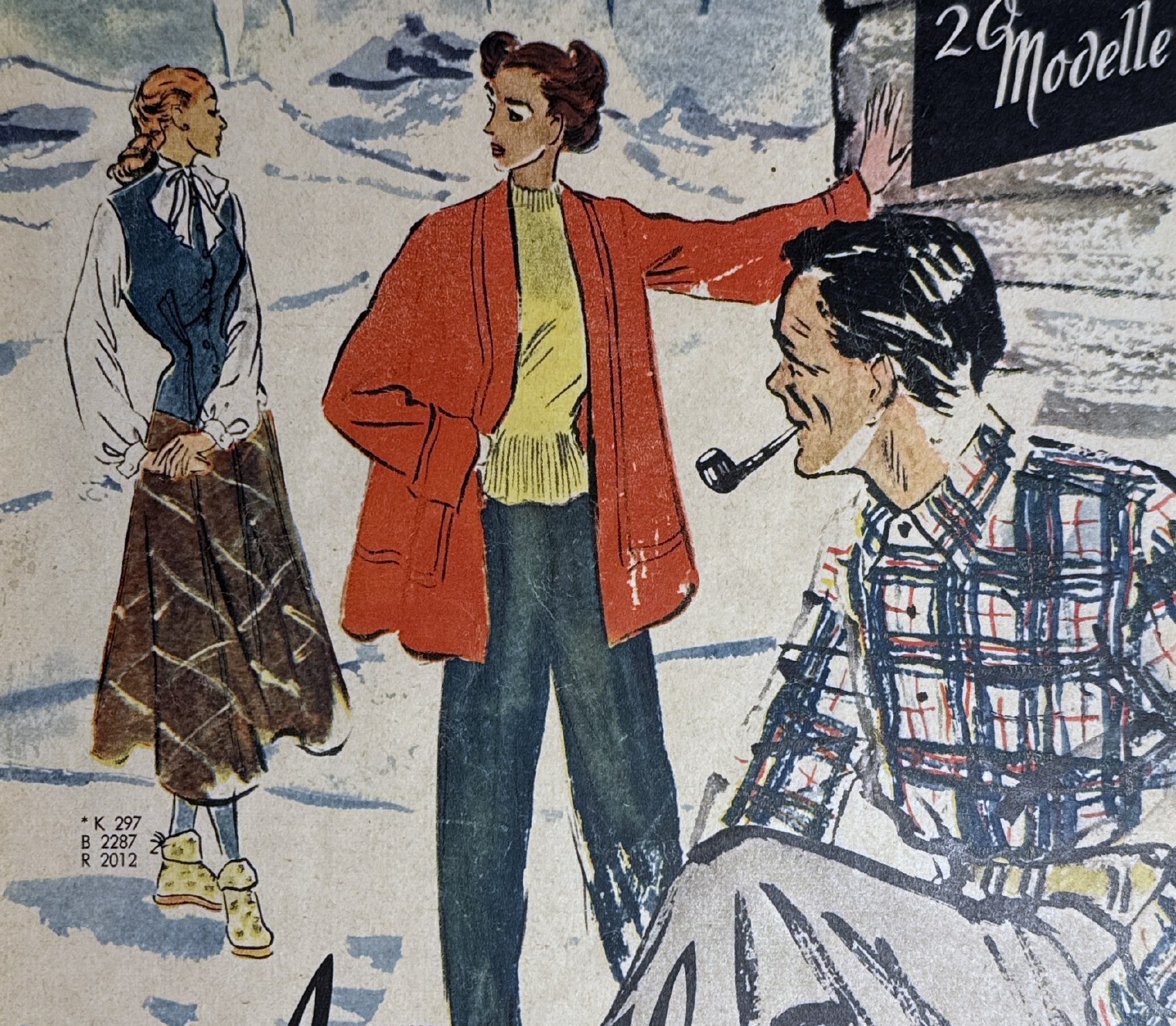 Detail of three illustrated figures and pattern codes K 297, JK 1030, K 298 H