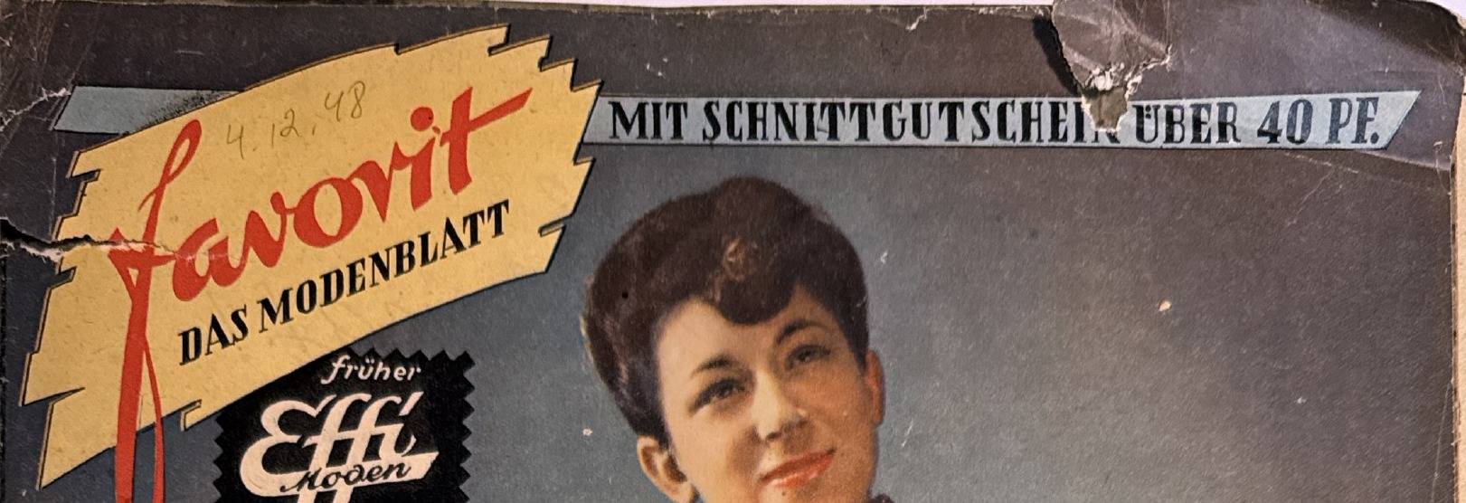 Detail of favorit masthead, stamp Früher Effi Moden, pencil note 4.12.48, and 40 Pf. coupon banner