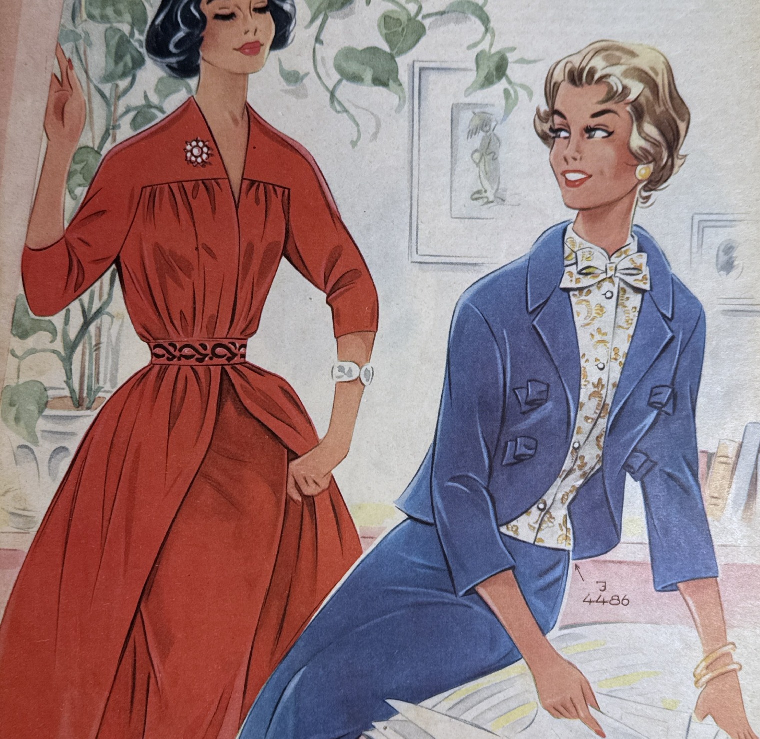 Detail of red New Look dress (J 4558) and royal blue suit (J 4485 / 3 4486)